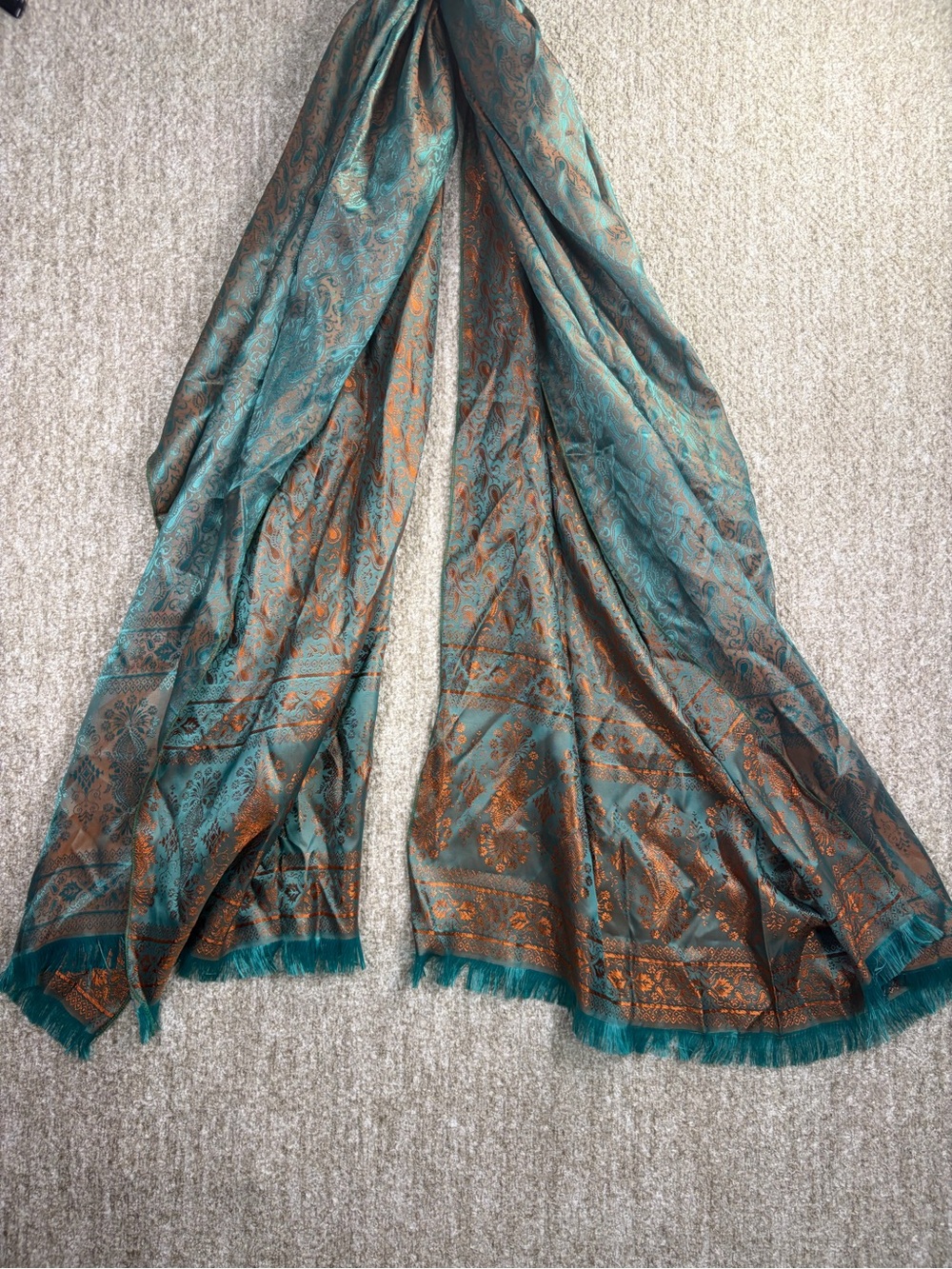 100% Silk Teal and Copper Paisley Fringe Scarf